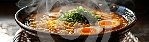 A delicious bowl of ramen with noodles, broth, and a variety of toppings such as pork, egg, and vegetables photo