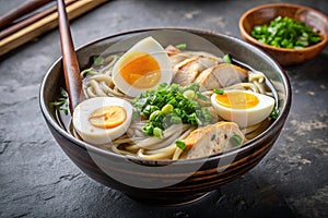 Delicious bowl of ramen noodles with poached egg and chicken