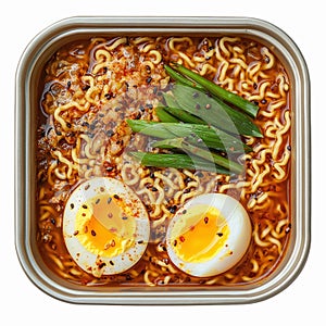 Delicious Bowl of Ramen Noodles with Soft-Boiled Eggs and Green Onions in a Square Container photo