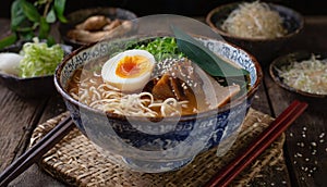 Delicious bowl of ramen noodles soup with egg classic japanese food photography