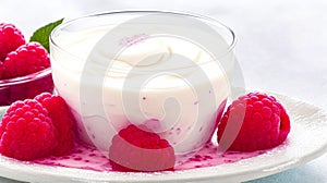 Delicious bowl of Yogurt topped with fresh raspberries, on white. Greek yogurt with raspberry