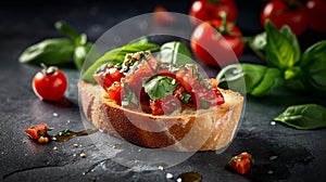 delicious bread Italian appetizer bruschetta with tomatoes and basil