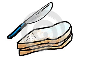 Delicious bread with melted jam and bread knife with cartoon style