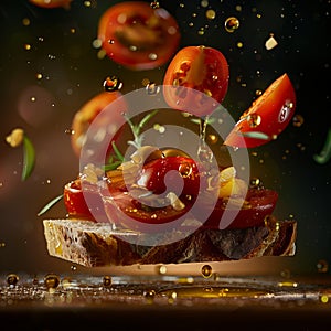 delicious bread with tomato floating in the air, professional food photography, studio background, advertising photography,