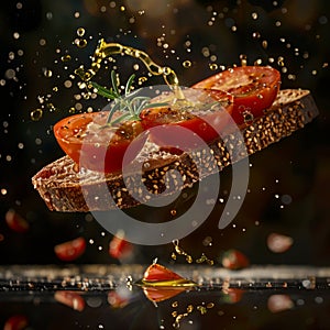 delicious bread with tomato floating in the air, professional food photography, studio background, advertising photography,