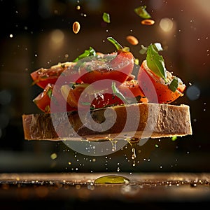 delicious bread with tomato floating in the air, professional food photography, studio background, advertising photography,