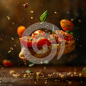 delicious bread with tomato floating in the air, professional food photography, studio background, advertising photography,