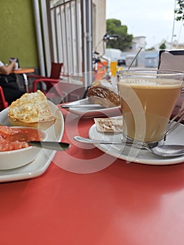 Delicious breakfast in a beach town, with some toast and a coffee