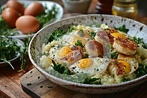 Delicious breakfast with eggs and scallops