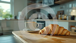 Delicious breakfast with fresh croissant and cup of hot drink in kitchen