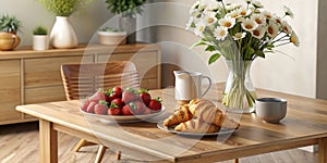 Delicious breakfast with fresh strawberries and croissants on wooden table. AI generated