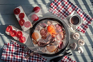 Delicious breakfast with fried eggs