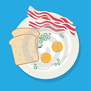 Delicious breakfast of fried eggs, bacon on white plate