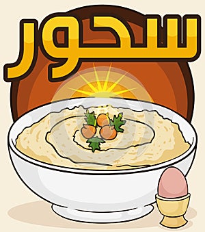 Delicious Breakfast with Hummus and Egg for Ramadan`s Sahur, Vector Illustration