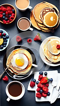 A delicious breakfast with pancakes, fruits, and coffeeIllustration Artificial Intelligence artwork generated
