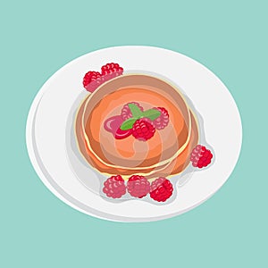 Delicious breakfast pancakes with raspberry jam on plate, vector illustration