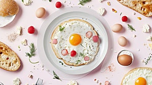 Delicious breakfast plate featuring a sunny-side-up egg, fresh raspberries, and herbs photo
