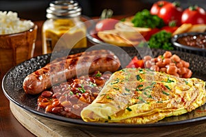 Delicious Breakfast Plate with Omelette, Grilled Sausages, Baked Beans, Fresh Tomatoes, Parsley, and Condiments on Wooden Table