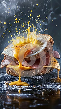 Delicious Breakfast Sandwich with Eggs, Cheese, and Ham Splashing on Dark Background, Gourmet Meal Concept