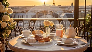 Delicious breakfast table french on a balcony in the morning sunlight. Beautiful view on the Eiffeltower. cozy romantic view in