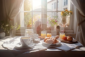 Delicious breakfast by the window. Coffee and croissants and fruits. Generative Ai