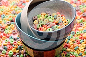 Bright colorful breakfast cereal in bowls