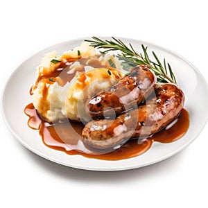 Delicious British Bangers and Mash with Gravy on a Plate .