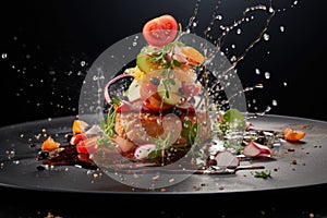 Delicious bruschetta on black plate with splashes of water, Unveil the culinary artistry with macro food photography, capturing