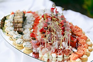 Delicious bruschetta with salmon and canape shrimp on table. Tasty buffet table. Summer party outdoor. Catering concept