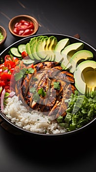 Delicious Buddha bowl grilled chicken, fresh vegetables, and rice top