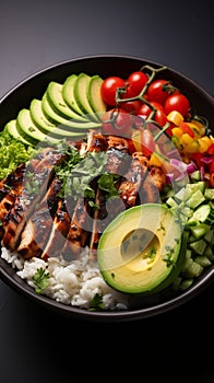 Delicious Buddha bowl grilled chicken, fresh vegetables, and rice top