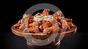 Delicious Buffalo Wings On Wooden Stand With Dipping Sauce