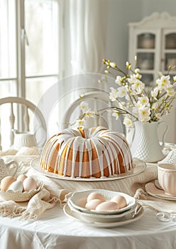 Delicious Bundt cake with icing still life. Beautiful white colors morning table decoration with lace tablecloth and napkins,