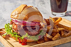 Delicious burger with beef, tomato, onion and lettuce