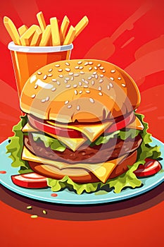 Delicious Burger Feast: Juicy American Cheeseburger with Grilled Beef, Tasty Cheese, Fresh Lettuce, and Tomato on a