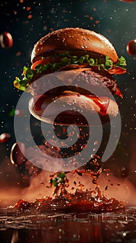 delicious burger floating in the air, professional food photography, studio background, advertising photography, cooking ideas