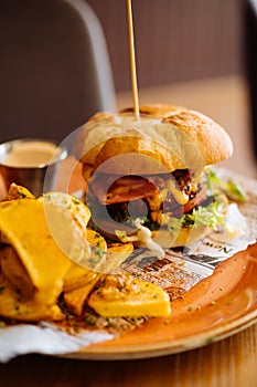 Delicious burger with fried potato