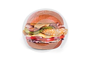 Delicious burger, gamburger isolated on white background. Restaurant dish. Tasty Gamburger with bacon, breaded chicken