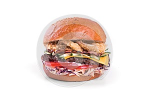 Delicious burger, gamburger isolated on white background. Restaurant dish. Tasty Gamburger with beef, breaded chicken