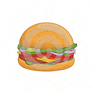 Delicious burger isolated on white background. Drawing of tasty hamburger or cheeseburger with meat patty, cheese and