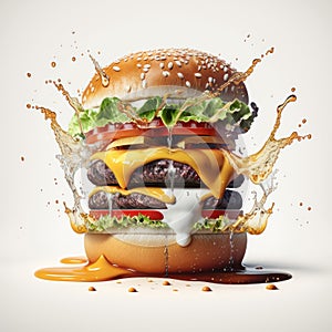 Delicious burger with many ingredients isolated on white background. Tasty cheeseburger with splash sauce. Generative AI