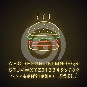 Delicious burger neon light icon. Glowing sign with alphabet, numbers and symbols. Traditional hamburger, junk food