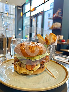 Delicious burger sandwitch at Ballymun B in Dublin, Ireland at a local pub
