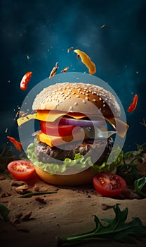 Delicious burger with some ingredients flying around. Smoky blue backdrop. Generative AI