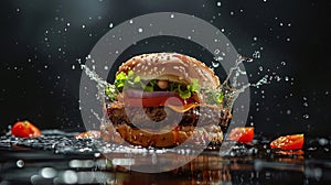delicious burger splash captured against a dark backdrop