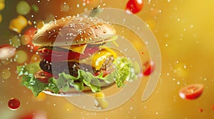 Delicious burger with tomatoes. Fresh tasty Hamburger meat with flying ingredients. Levitation Concept.