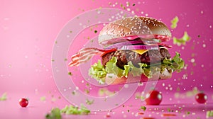 Delicious burger with tomatoes. Fresh tasty Hamburger meat with flying ingredients. Levitation Concept.