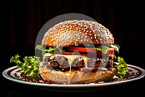 Delicious burgers with beef, tomato, cheese on plate, dark background