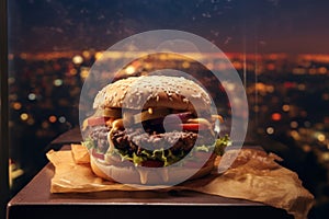 Delicious burgers with beef, tomato, cheese on wooden table, town on background