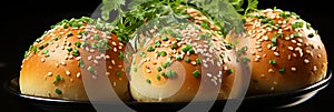 Delicious buttered buns with sliced bread and fresh parsley. Banner with copy space for text